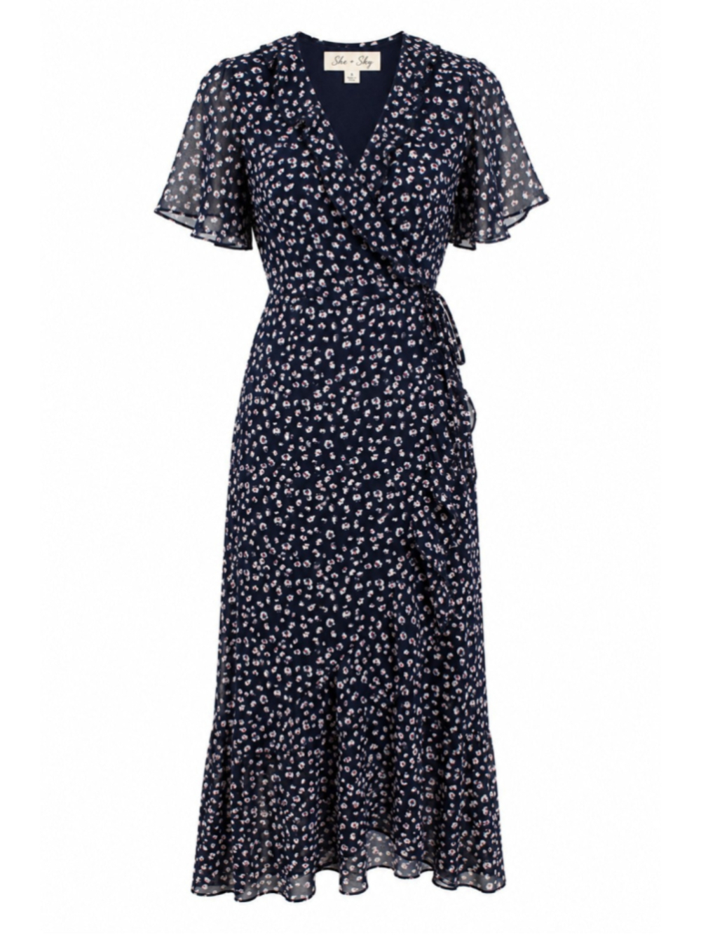 She + Sky NWT Navy Floral True Wrap Midi Dress Sz S Flutter Sleeve Boho Prairie